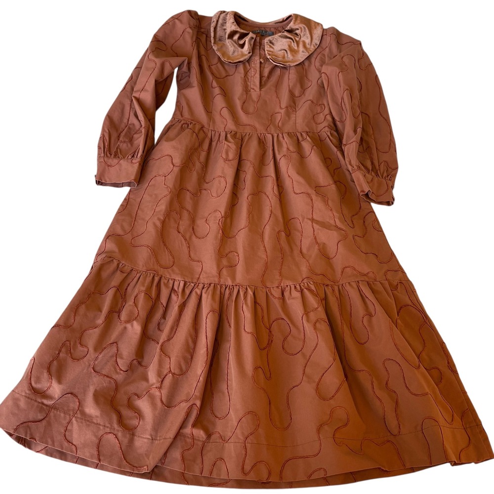 Mila Dress S Rust Brown Tiered Midi Long Sleeve Velvet Collar Embroidered Womens